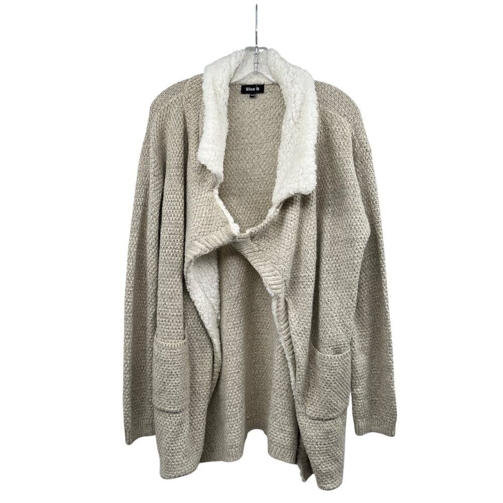 Blue B Womens Knit Cardigan Sherpa Trim Open Front Cream/Multi Size S/M